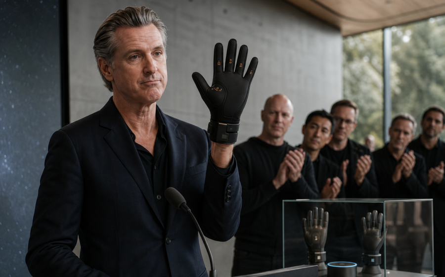 Editorial illustration for Newsom Bans Shock Gloves, Silicon Valley Calls Them Haptic Accountability