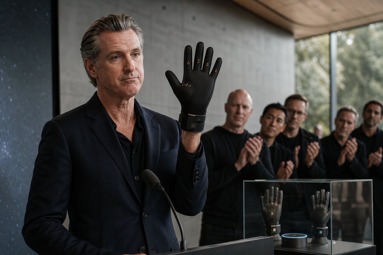 Editorial illustration for Newsom Bans Shock Gloves, Silicon Valley Calls Them Haptic Accountability