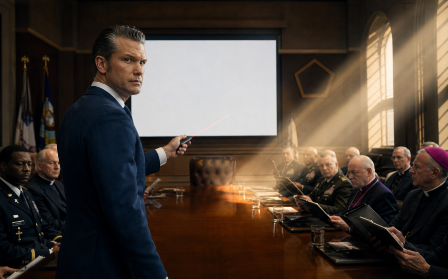 Editorial illustration for Hegseth Adds God to Pentagon Org Chart, Demands Weekly Deliverables