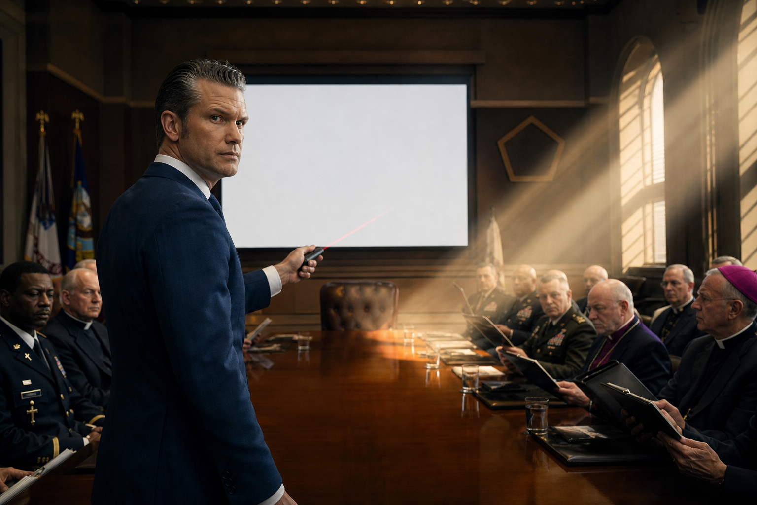 Editorial illustration for Hegseth Adds God to Pentagon Org Chart, Demands Weekly Deliverables