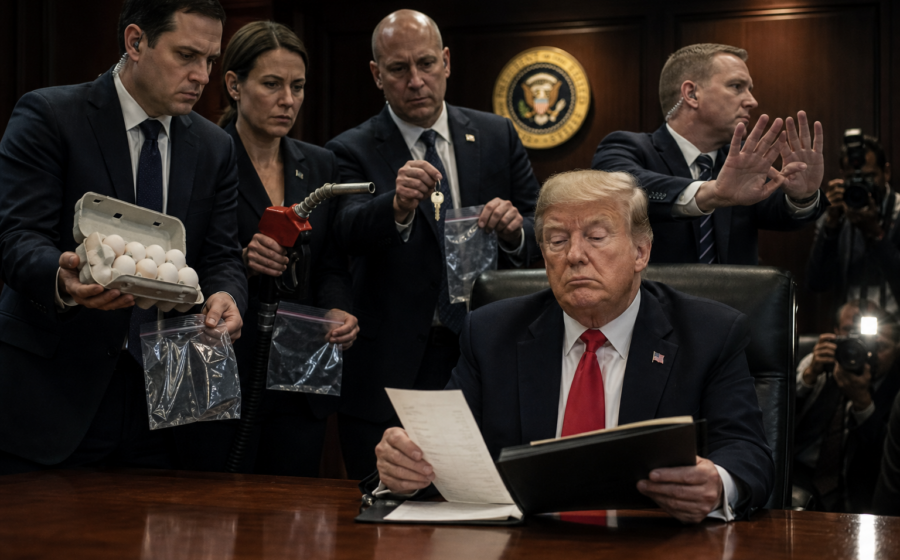 Editorial illustration for Trump Puts Eggs, Rent and Gas Into Witness Protection