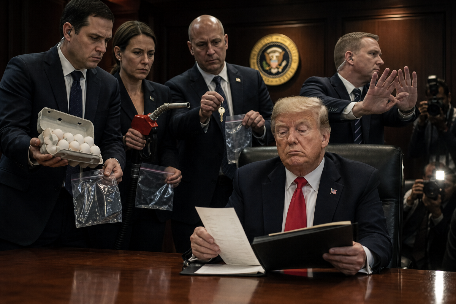 Editorial illustration for Trump Puts Eggs, Rent and Gas Into Witness Protection