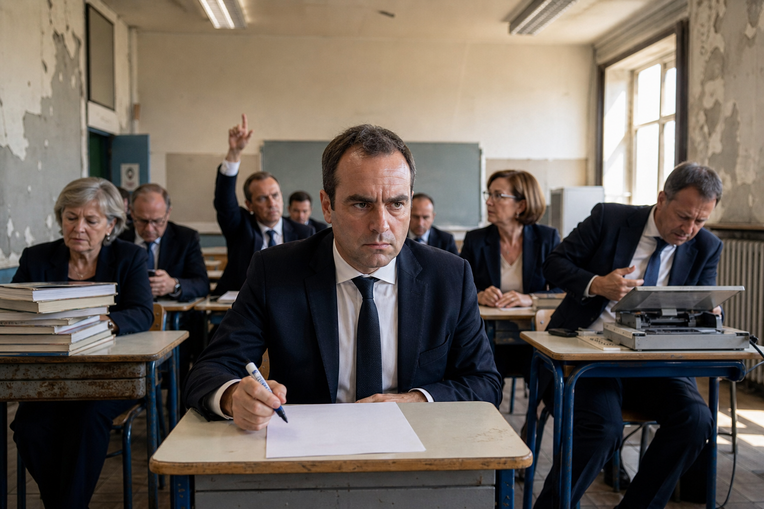Editorial illustration for Lecornu Makes Cabinet Take France’s Underfunded-School Final Exam