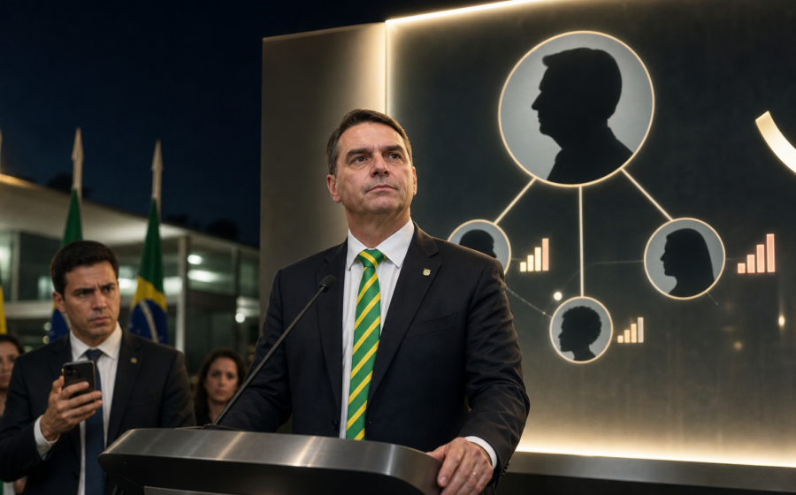 Editorial illustration for Flávio Bolsonaro Runs for President Under Jair’s Unlimited Family Plan