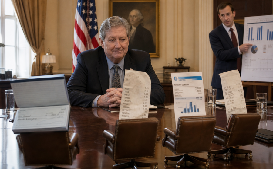 Editorial illustration for John Kennedy Invites America’s Checkbooks to Pick the Next President