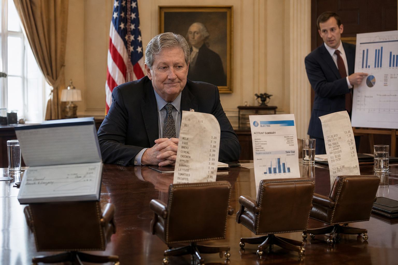 Editorial illustration for John Kennedy Invites America’s Checkbooks to Pick the Next President
