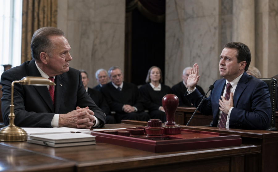 Editorial illustration for Roy Moore Appeal Inspires Supreme Court’s New ‘Please State Your Malice’ Rule