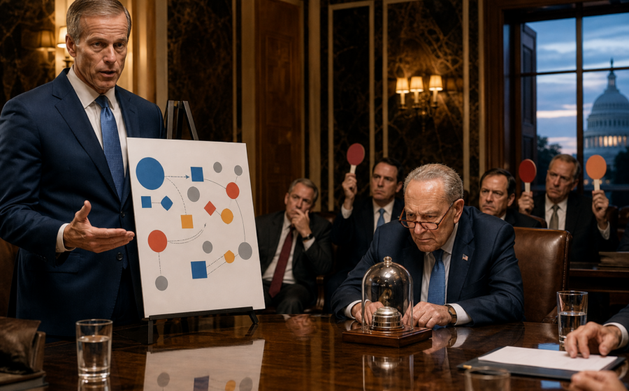 Editorial illustration for Thune Offers Schumer a Poison Pill Against His Own Party