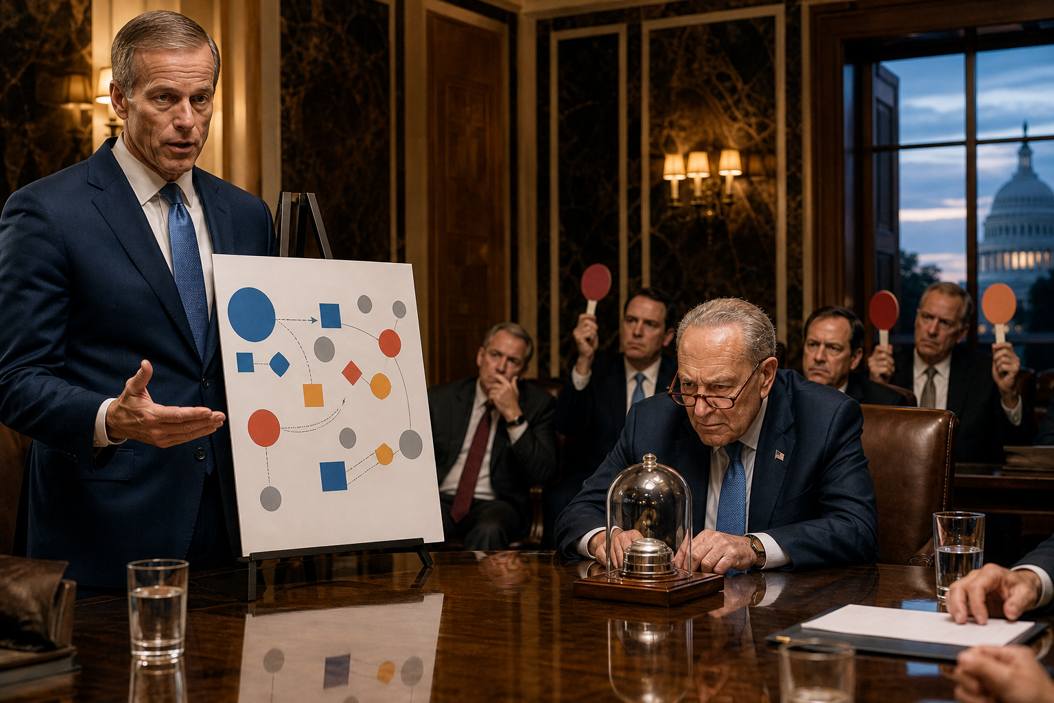 Editorial illustration for Thune Offers Schumer a Poison Pill Against His Own Party