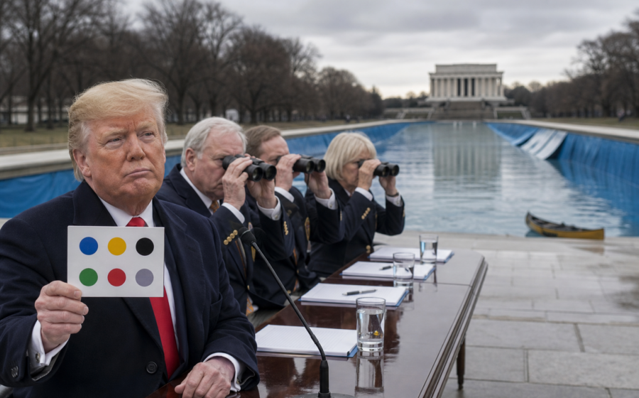 Editorial illustration for Trump Administration Asks Olympic Judges to Score Its Reflecting Pool Blame Routine