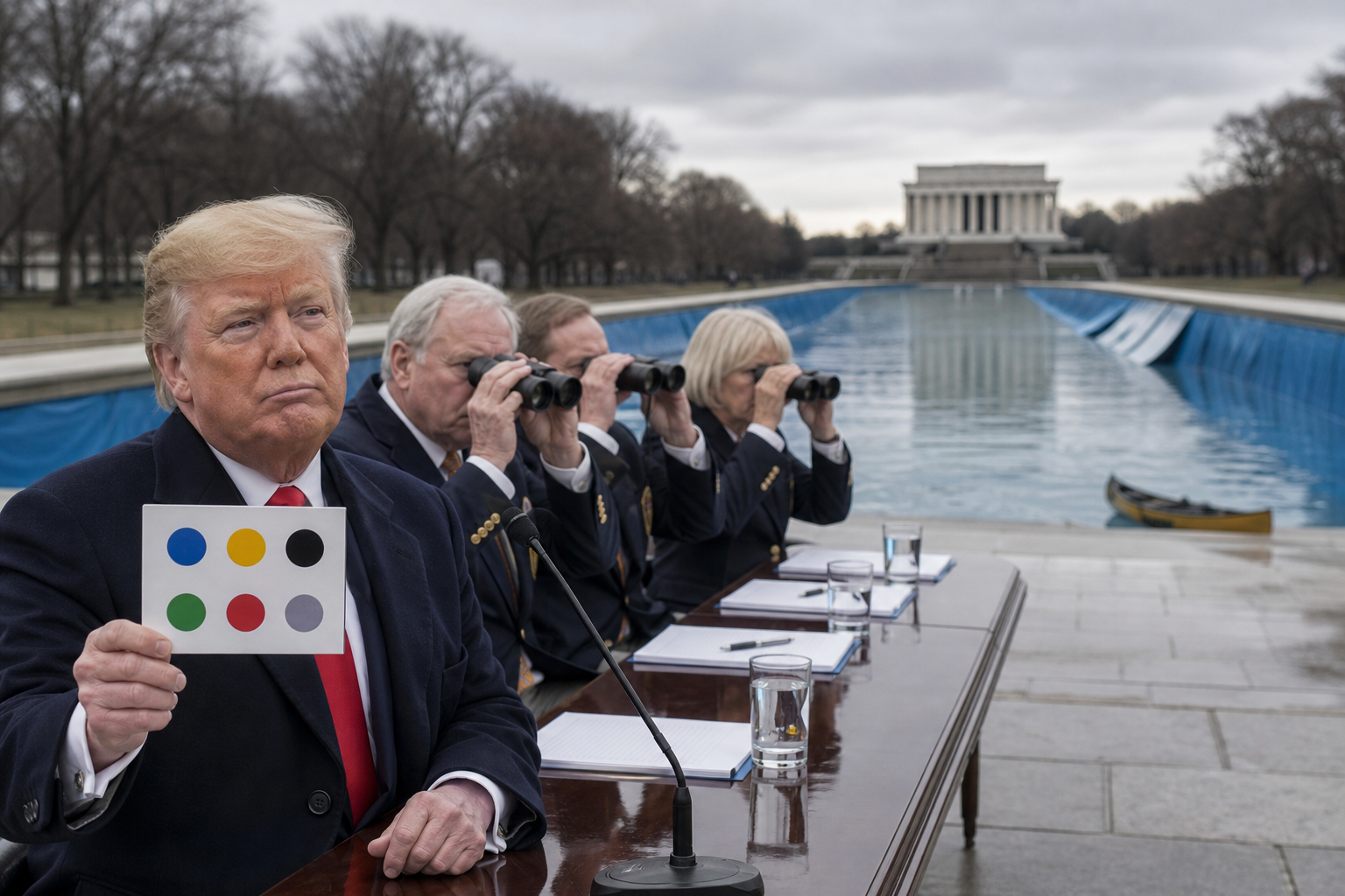 Editorial illustration for Trump Administration Asks Olympic Judges to Score Its Reflecting Pool Blame Routine
