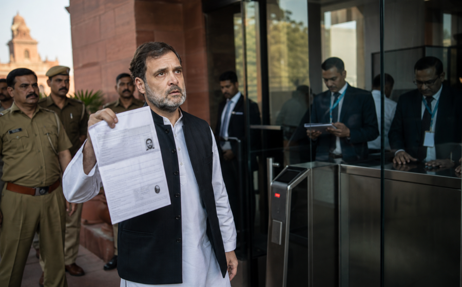 Editorial illustration for Rahul Gandhi’s Protest Is Flagged as a Duplicate Entry