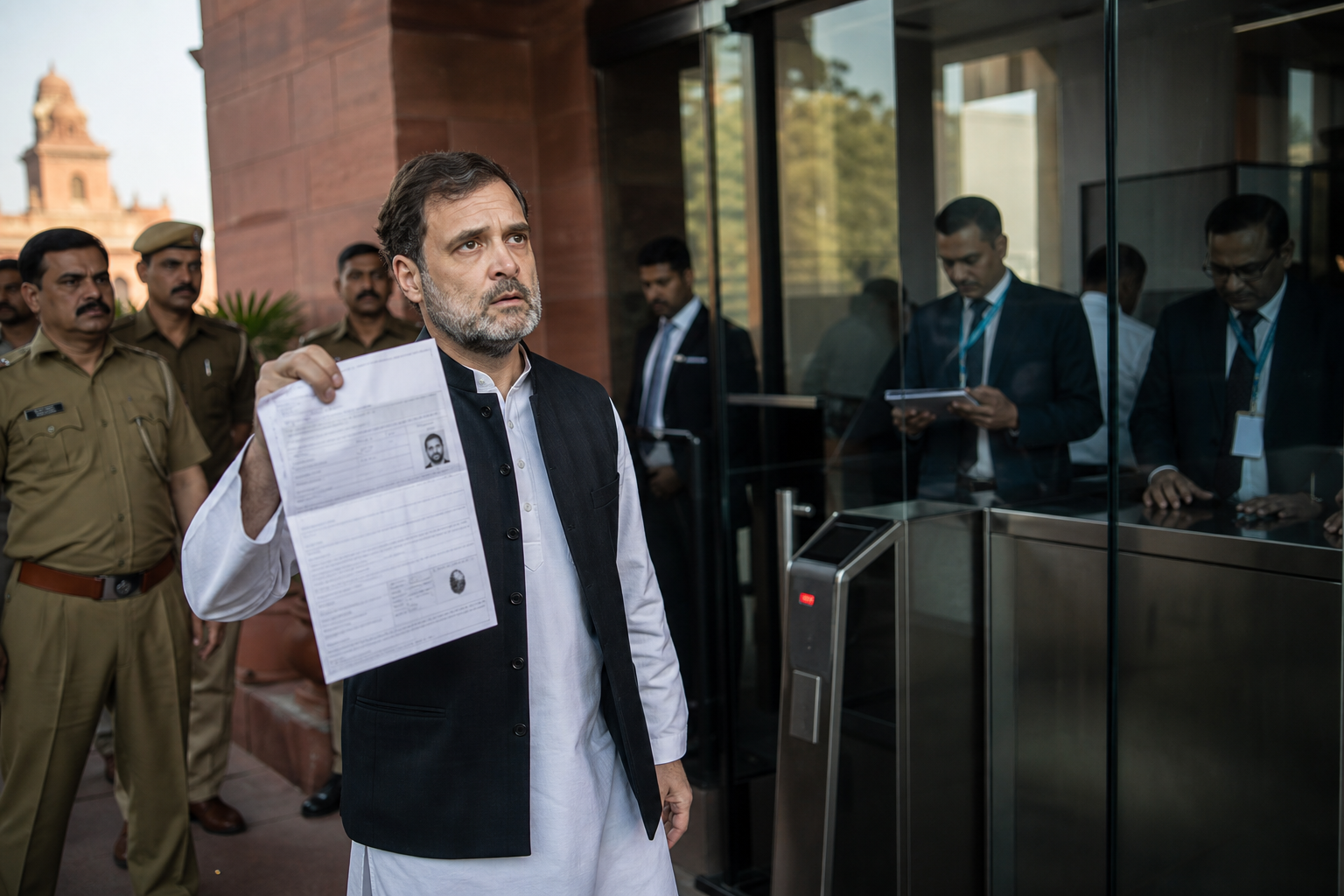 Editorial illustration for Rahul Gandhi’s Protest Is Flagged as a Duplicate Entry