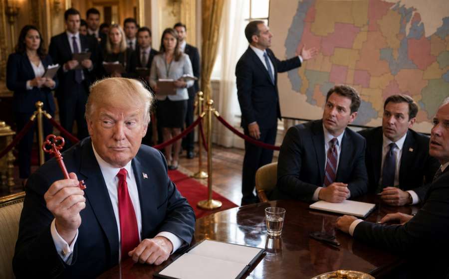 Editorial illustration for Trump Licenses His Agenda to Toss-Up Republicans With No Returns Accepted