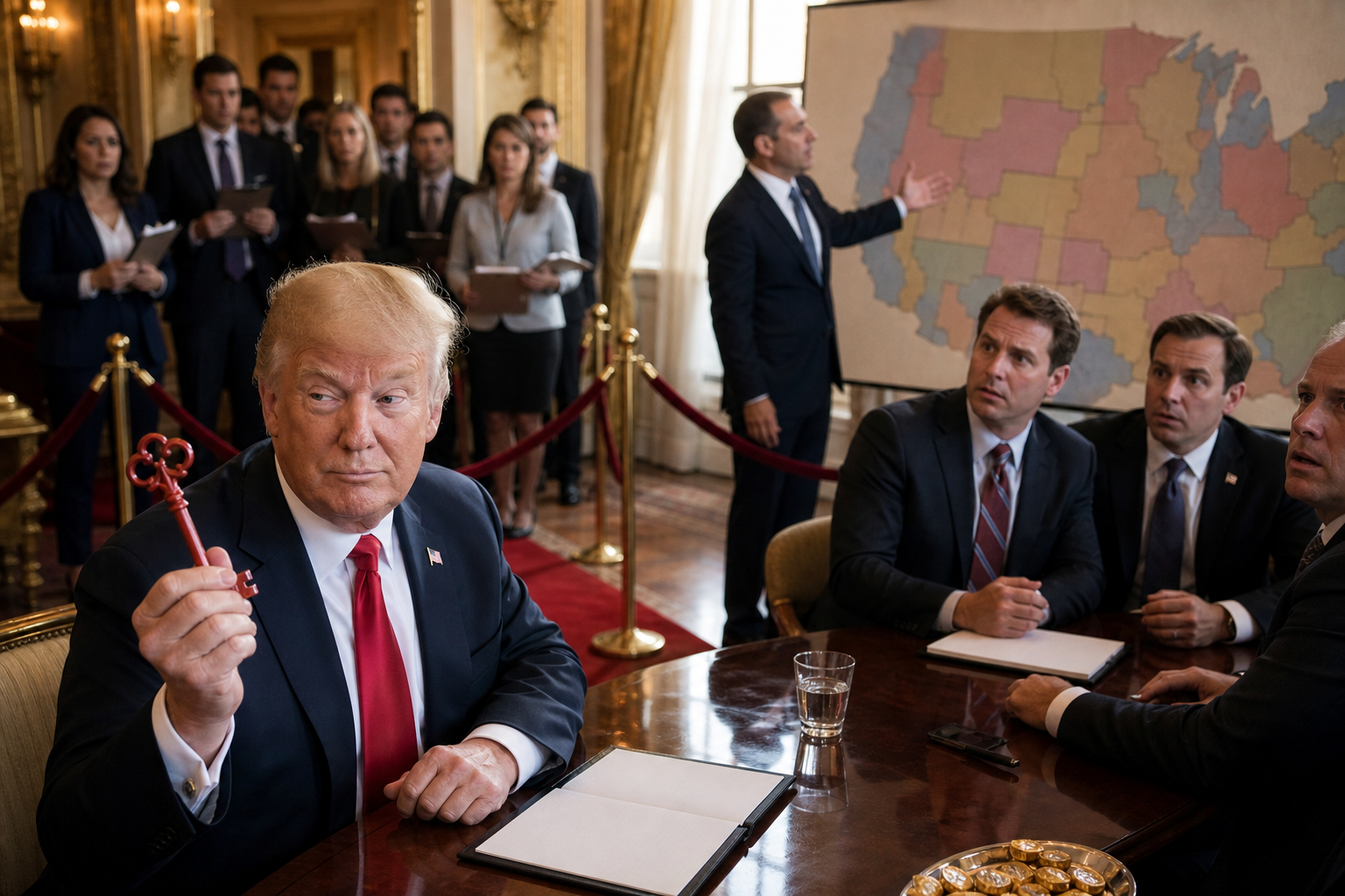 Editorial illustration for Trump Licenses His Agenda to Toss-Up Republicans With No Returns Accepted