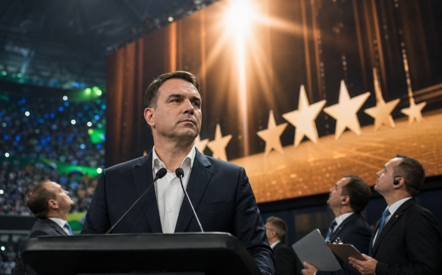 Editorial illustration for Flávio Bolsonaro Campaign Adds Opening Credits to Prove He’s the Lead