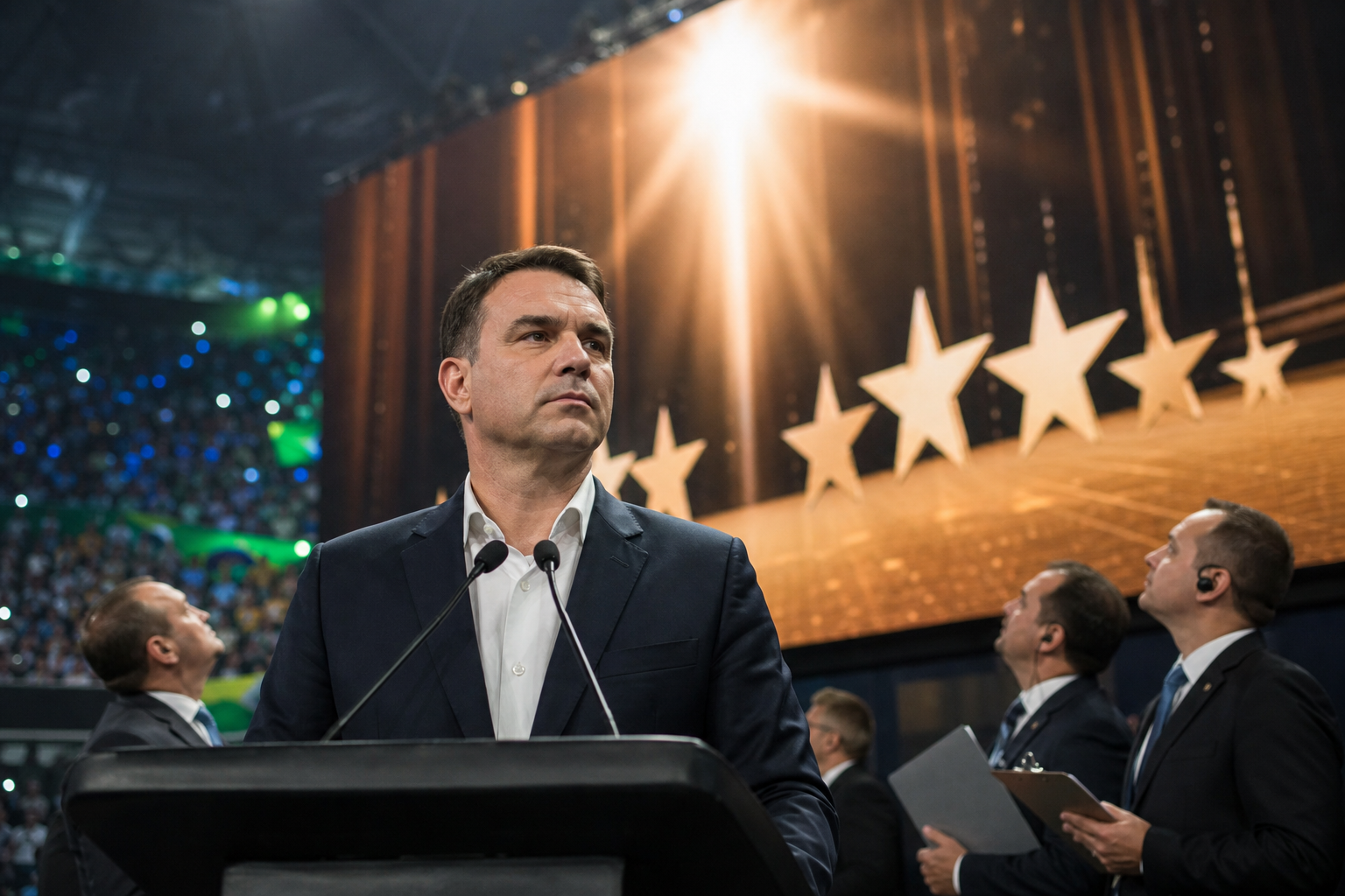 Editorial illustration for Flávio Bolsonaro Campaign Adds Opening Credits to Prove He’s the Lead