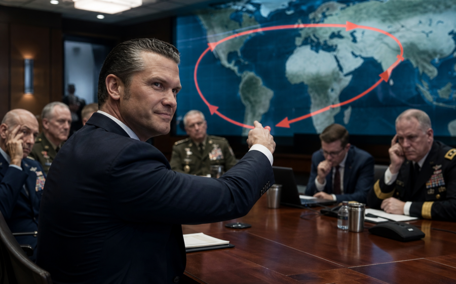 Editorial illustration for Hegseth Sends Pentagon Hunting for Enemy He Keeps Bringing to Work