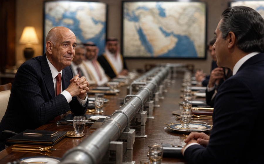 Editorial illustration for Tom Barrack’s Pipeline Advocacy Reclassified as a Complicated Professional Friendship