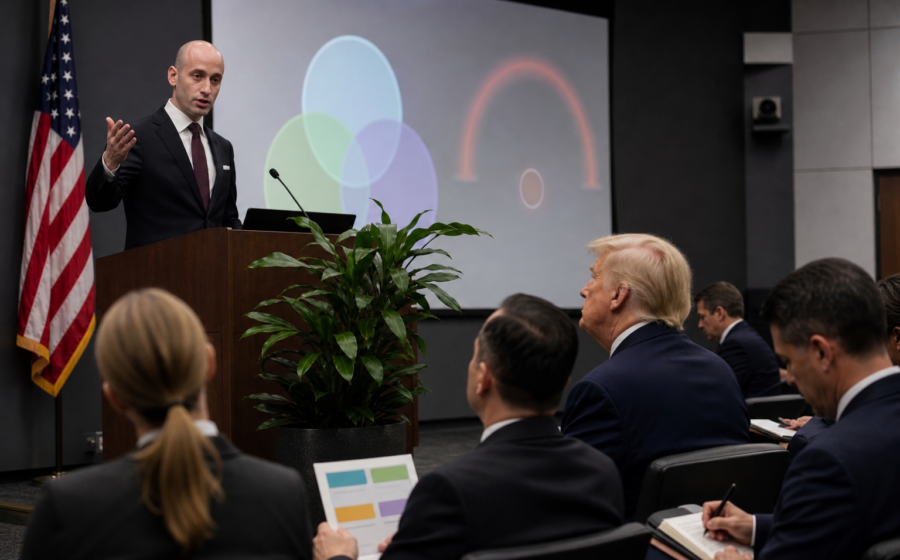 Editorial illustration for Stephen Miller’s FBI Seminar Rebrands Distance From Power as a Threat Indicator