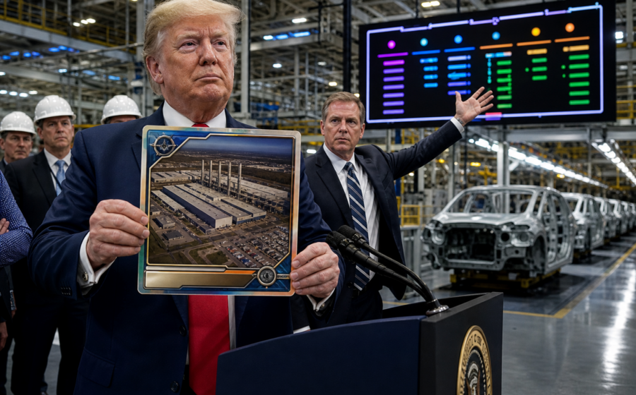 Editorial illustration for Trump Gives Every Auto Plant a Rookie Card