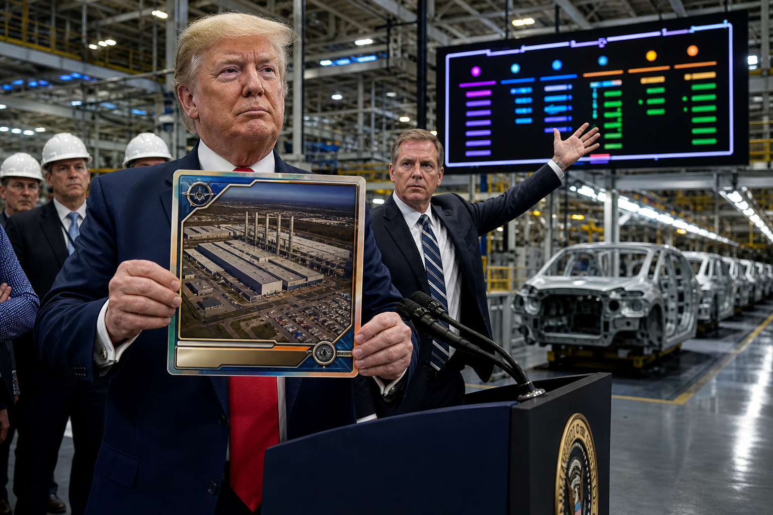 Editorial illustration for Trump Gives Every Auto Plant a Rookie Card