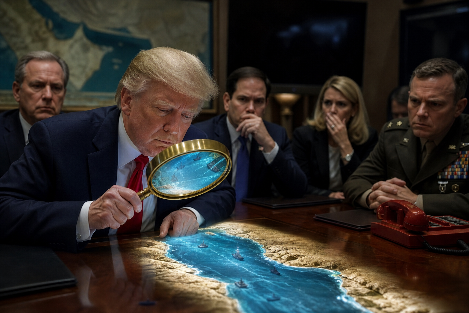 Editorial illustration for Trump Puts Yemen War in Cart, Waits for Better Deal