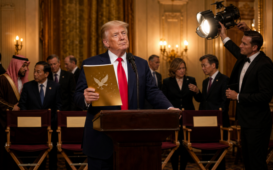 Editorial illustration for Trump Enters Eight Unfinished Wars in Nobel’s Consideration Category