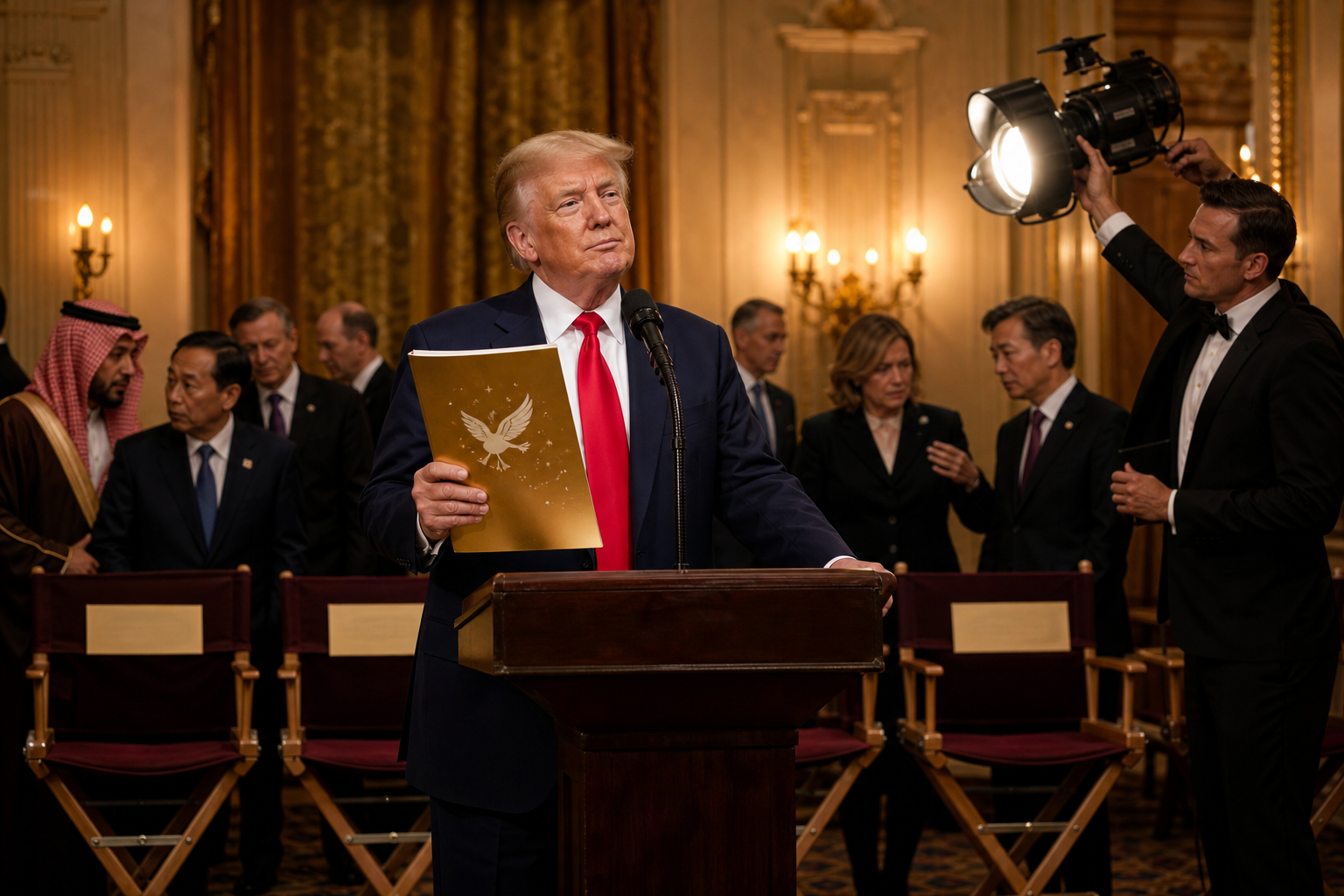 Editorial illustration for Trump Enters Eight Unfinished Wars in Nobel’s Consideration Category