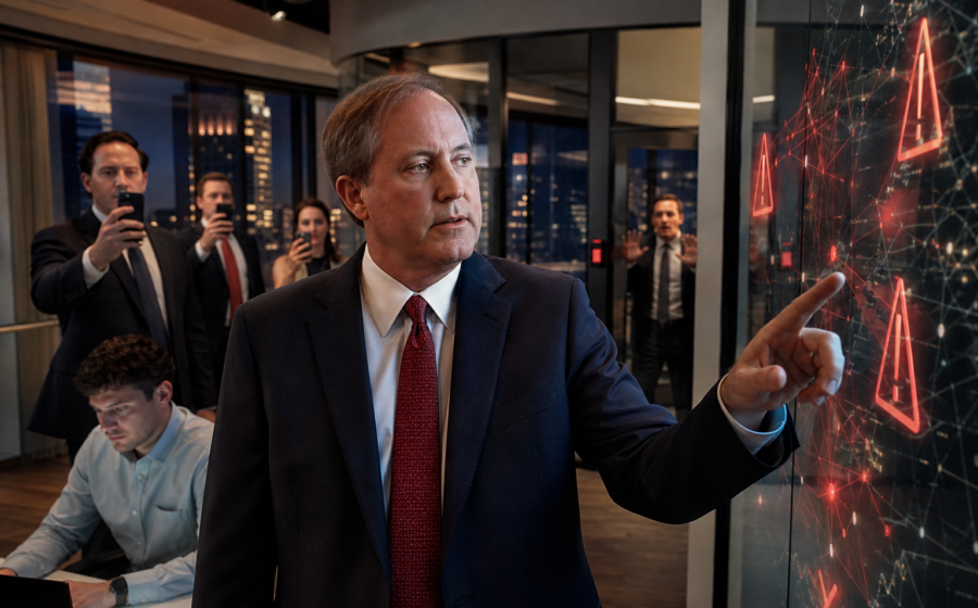 Editorial illustration for Ken Paxton’s Campaign Makes Texas Republicans Verify They’re Not John Cornyn