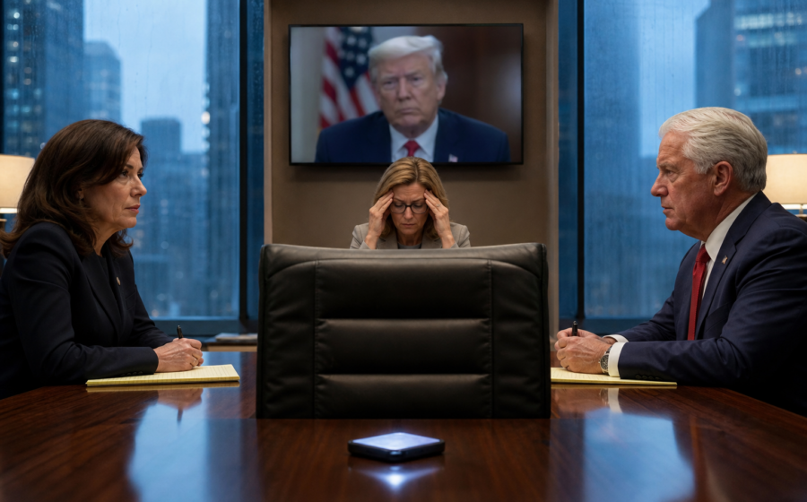 Editorial illustration for New York Governor Debate Reclassified as a Workplace Dispute With Trump