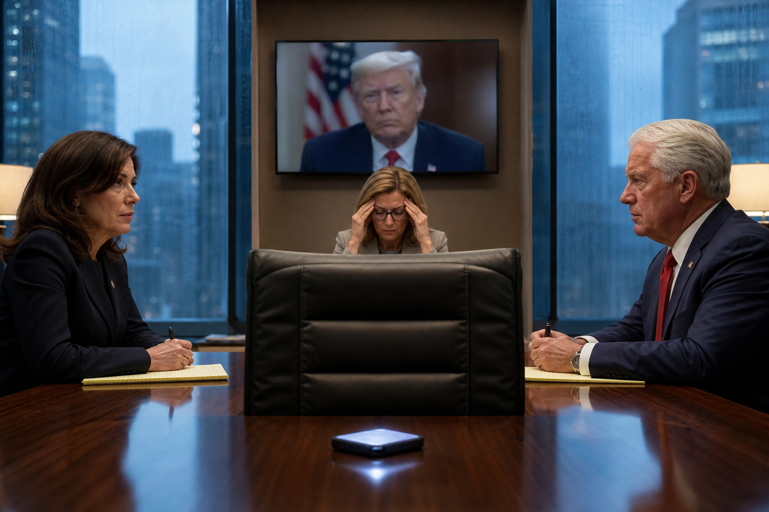 Editorial illustration for New York Governor Debate Reclassified as a Workplace Dispute With Trump