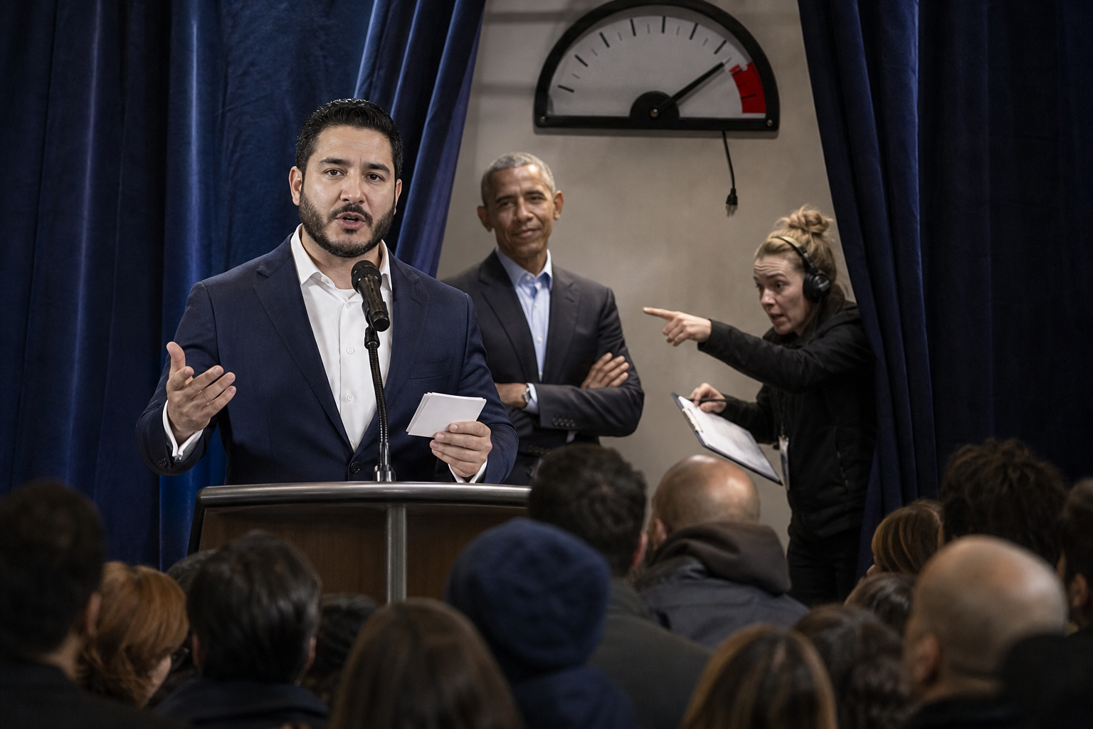 Editorial illustration for Obama’s Michigan Rally Requires El-Sayed to Open for Himself