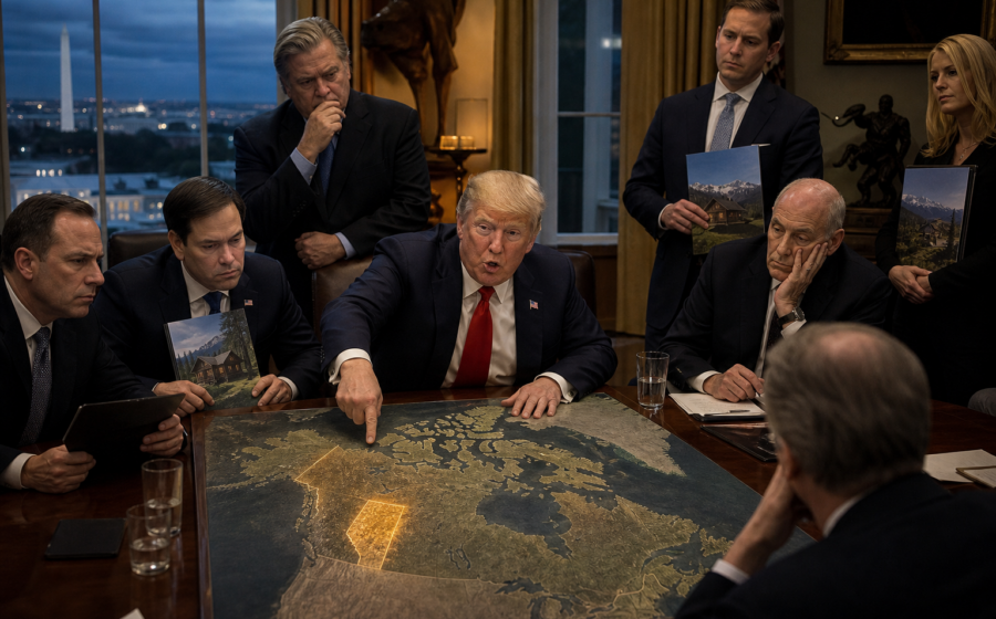 Editorial illustration for Trump’s Canada Team Tags Alberta a ‘Warm Lead’ for Ownership