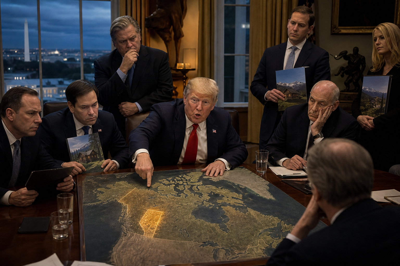 Editorial illustration for Trump’s Canada Team Tags Alberta a ‘Warm Lead’ for Ownership