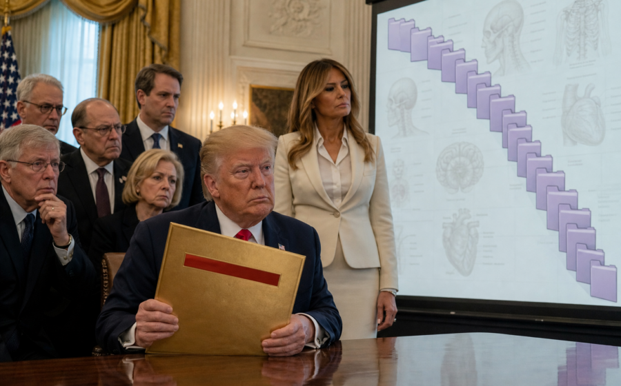 Editorial illustration for Trump Launches Women’s Health Task Force With a Hostile Takeover of ‘Not Enough Data’