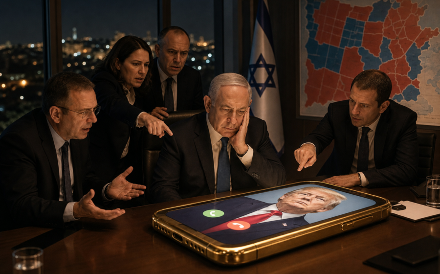 Editorial illustration for Trump Becomes Israel’s Most Demanding Swing Voter