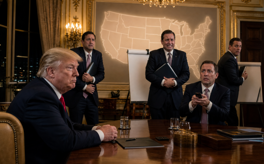 Editorial illustration for Republicans Audition Person Who Will Explain November to Trump