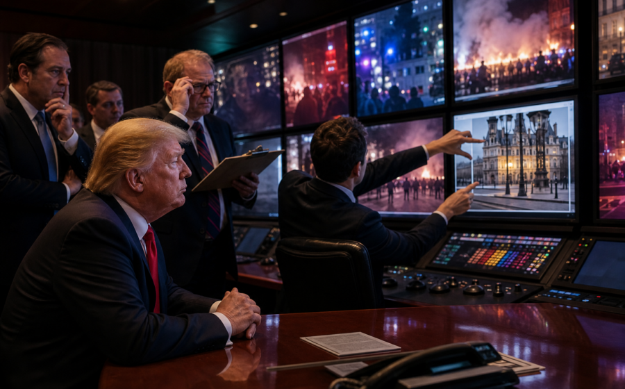 Editorial illustration for Trump Campaign Places France on Retainer for American Panic Footage