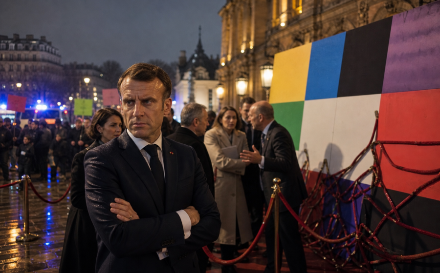 Editorial illustration for Macron Declares France’s Protest Coalition an Unauthorized Crossover Event