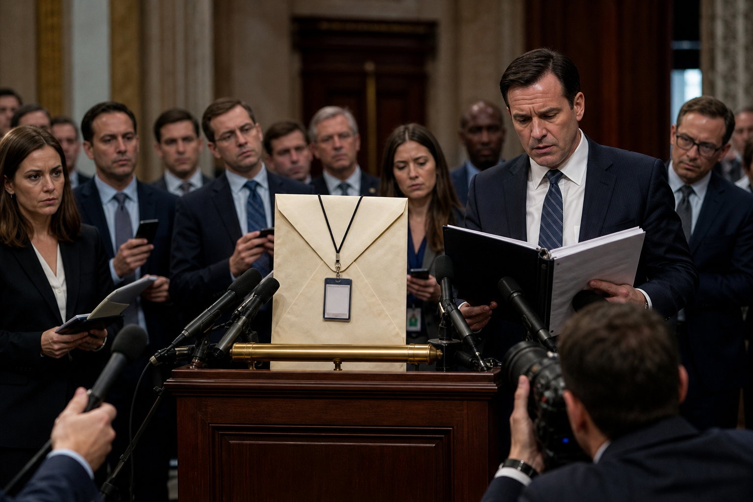 Editorial illustration for Congress Accredits Suspicious Letters as Capitol Press Corps