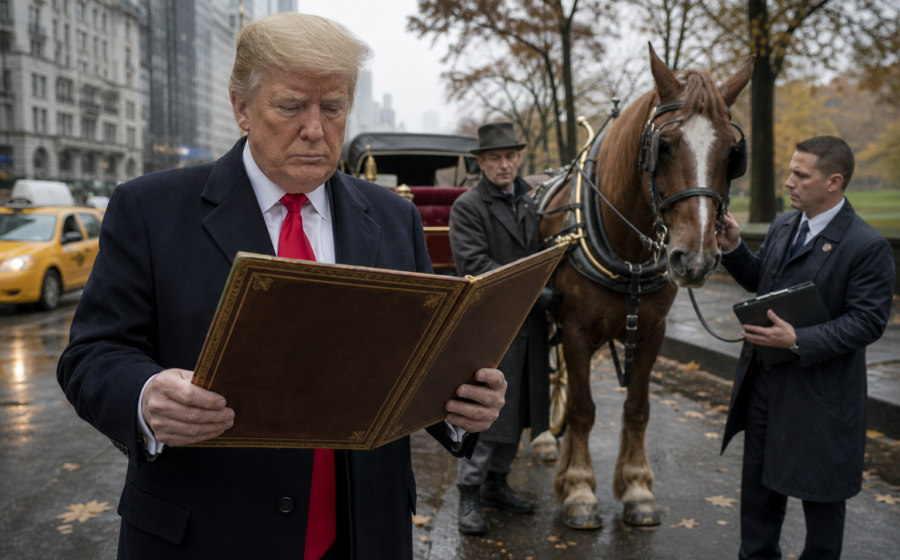 Editorial illustration for Trump Offers Central Park Horses Asylum From New York City