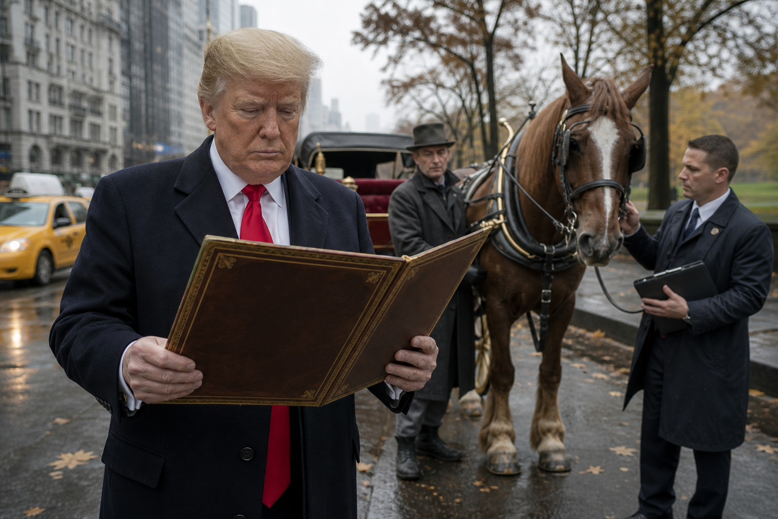 Editorial illustration for Trump Offers Central Park Horses Asylum From New York City