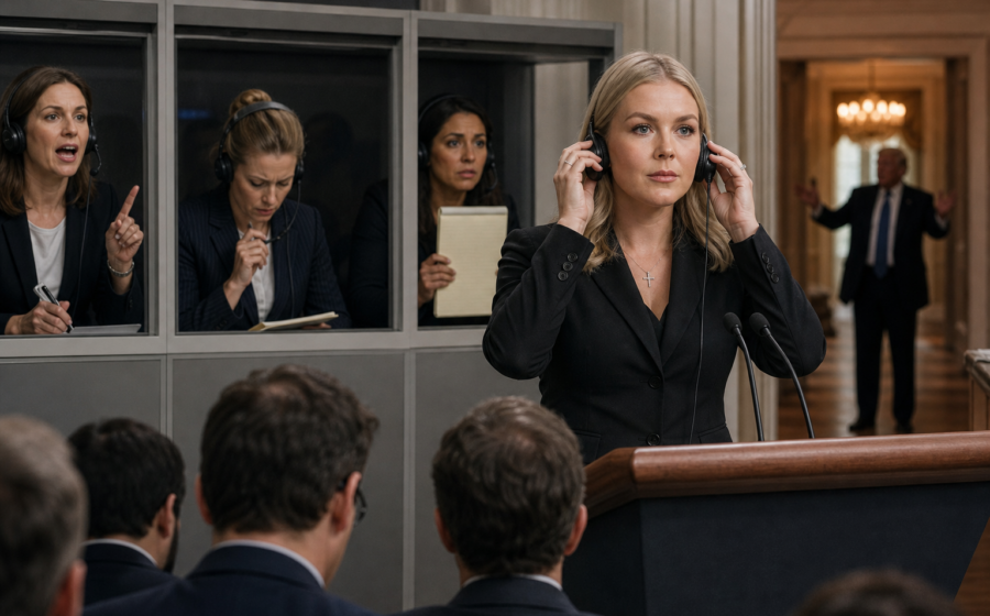 Editorial illustration for White House Makes Press Secretary Candidates Explain Trump Before He Finishes Talking