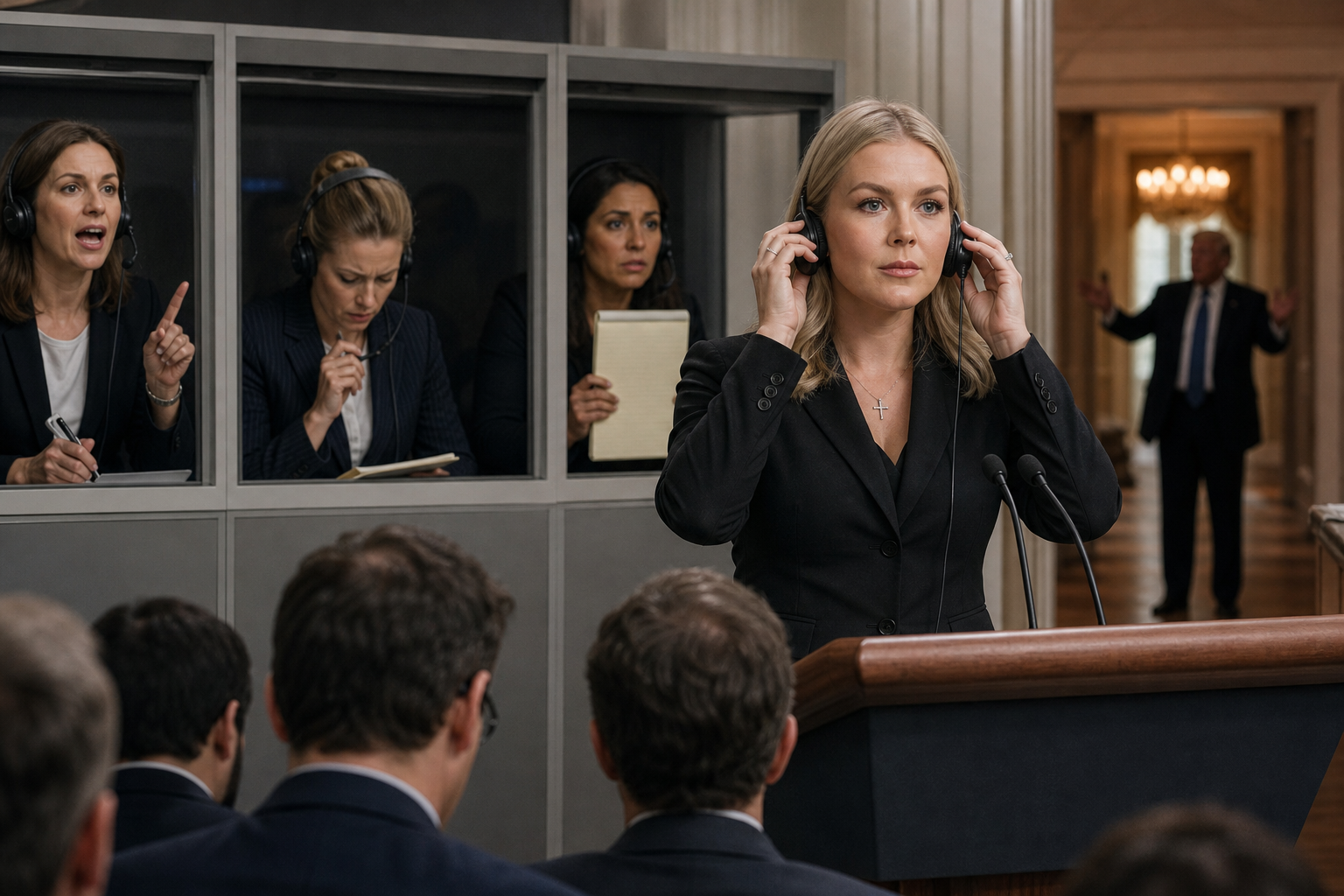 Editorial illustration for White House Makes Press Secretary Candidates Explain Trump Before He Finishes Talking