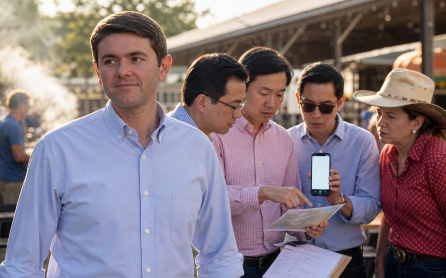 Editorial illustration for Russian Deepfake Begins 47-County Tour to Earn Texas Voters’ Distrust
