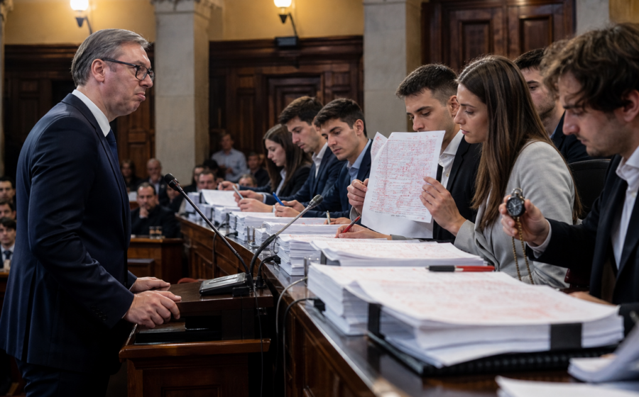 Editorial illustration for Serbia’s Students Put Vučić’s Entire Government Up for Peer Review