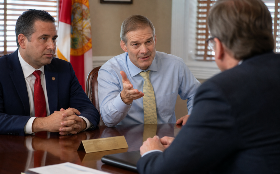 Editorial illustration for Jim Jordan’s Florida Endorsement Leaves Common Sense With a Scheduling Conflict