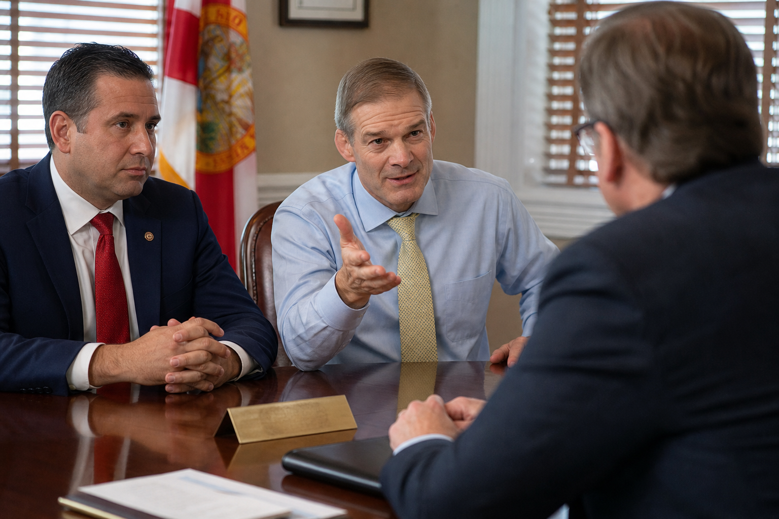 Editorial illustration for Jim Jordan’s Florida Endorsement Leaves Common Sense With a Scheduling Conflict