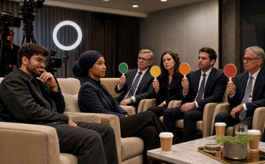 Editorial illustration for Ilhan Omar’s Hasan Piker Event Sends Minnesota Politics to Brand Safety